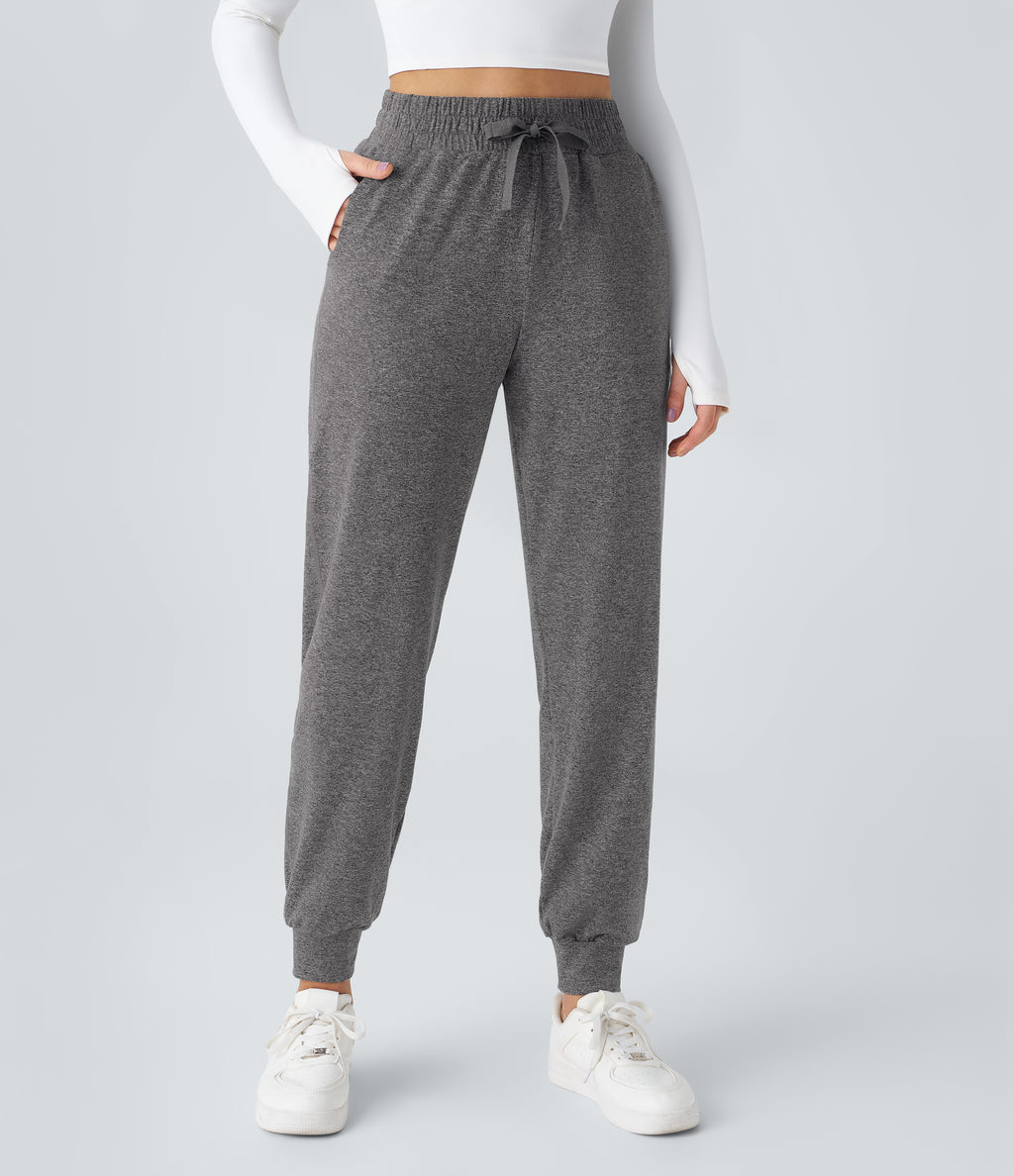 High Waisted Drawstring Pocket Ruched Yoga Joggers with Pockets — Mottled Light Grey — view 2