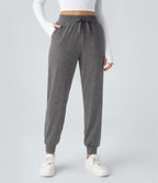 High Waisted Drawstring Pocket Ruched Yoga Joggers with Pockets — Mottled Light Grey — view 2