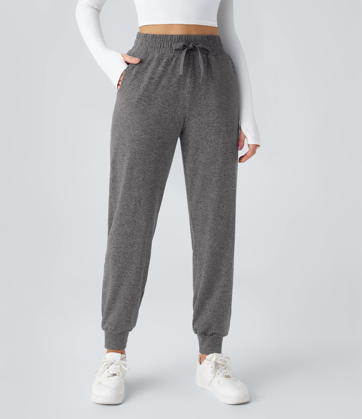 High Waisted Drawstring Pocket Ruched Yoga Joggers with Pockets — Mottled Light Grey — view 2