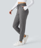 High Waisted Drawstring Pocket Ruched Yoga Joggers with Pockets — Mottled Light Grey — view 3