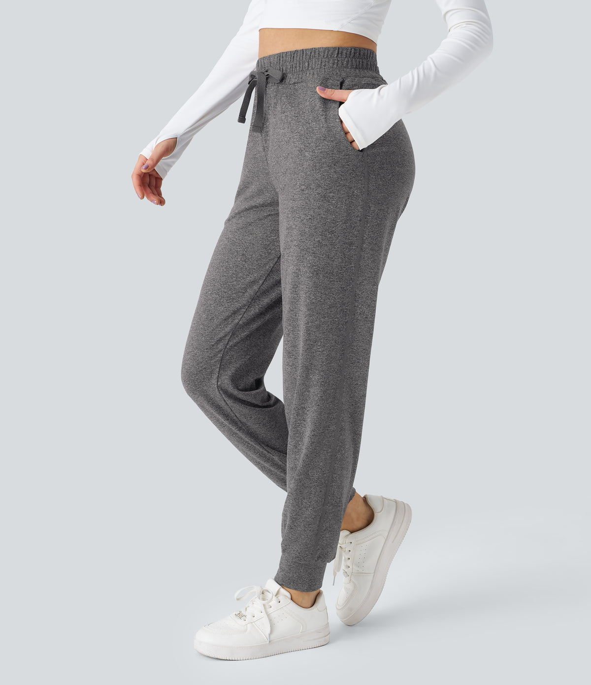 High Waisted Drawstring Pocket Ruched Yoga Joggers with Pockets — Mottled Light Grey — view 3