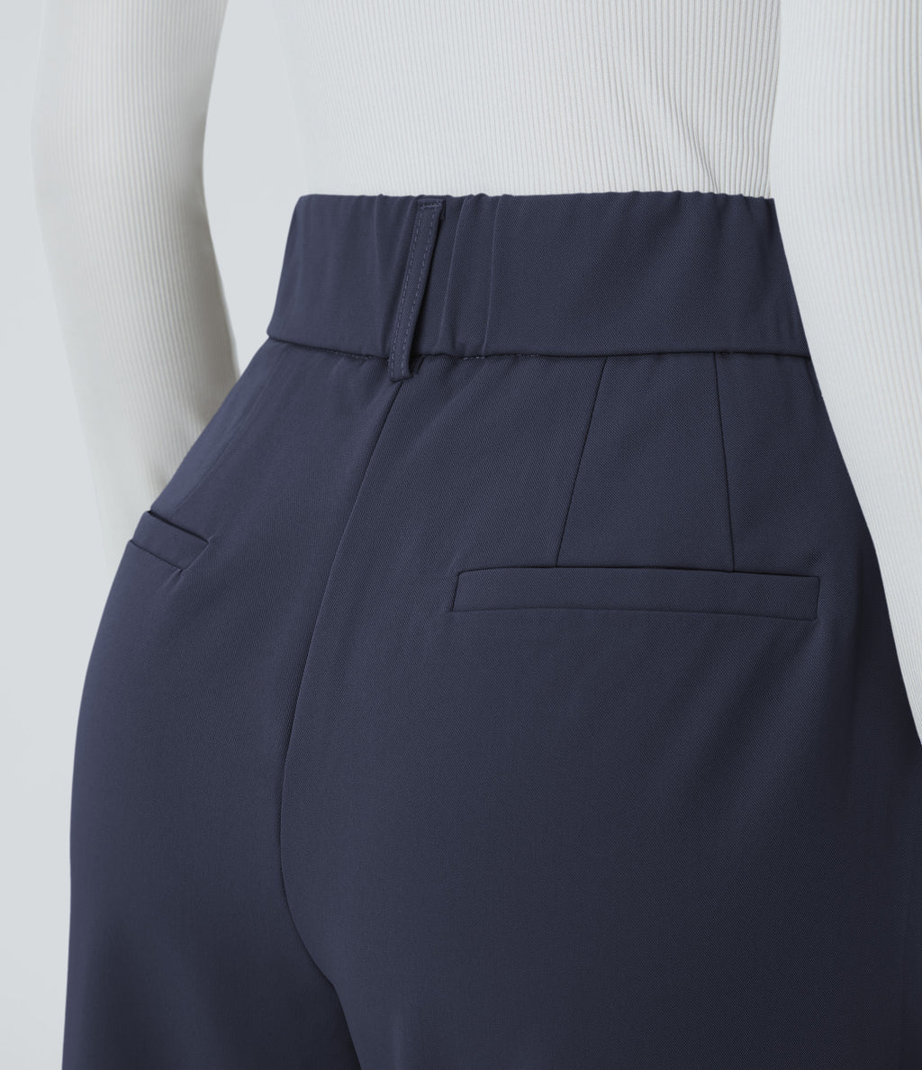 High Waisted Pocket Solid Work Tapered Trousers — Black Iris — view 5