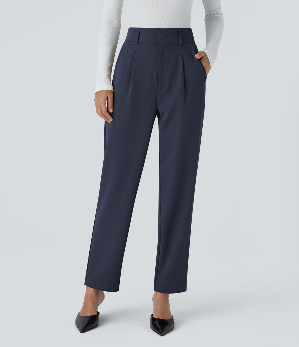 High Waisted Pocket Solid Work Tapered Trousers — Black Iris — view 1