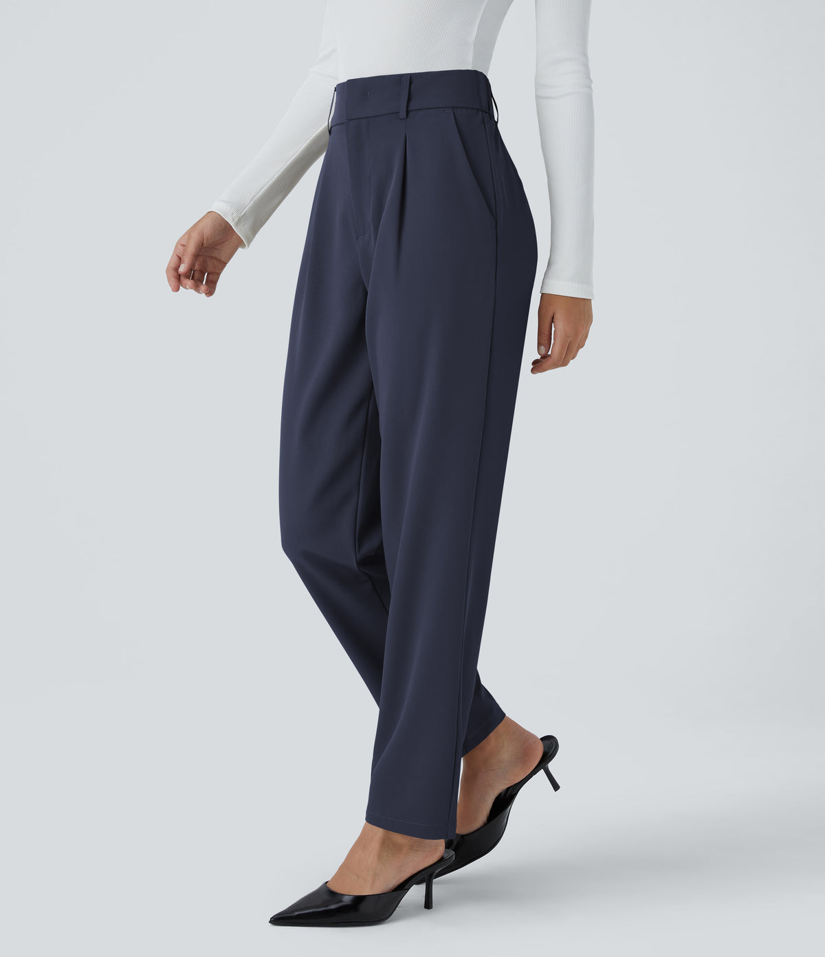 High Waisted Pocket Solid Work Tapered Trousers — Black Iris — view 3
