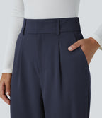 High Waisted Pocket Solid Work Tapered Trousers — Black Iris — view 4