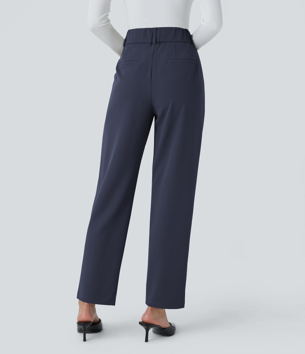 High Waisted Pocket Solid Work Tapered Trousers — Black Iris — view 2