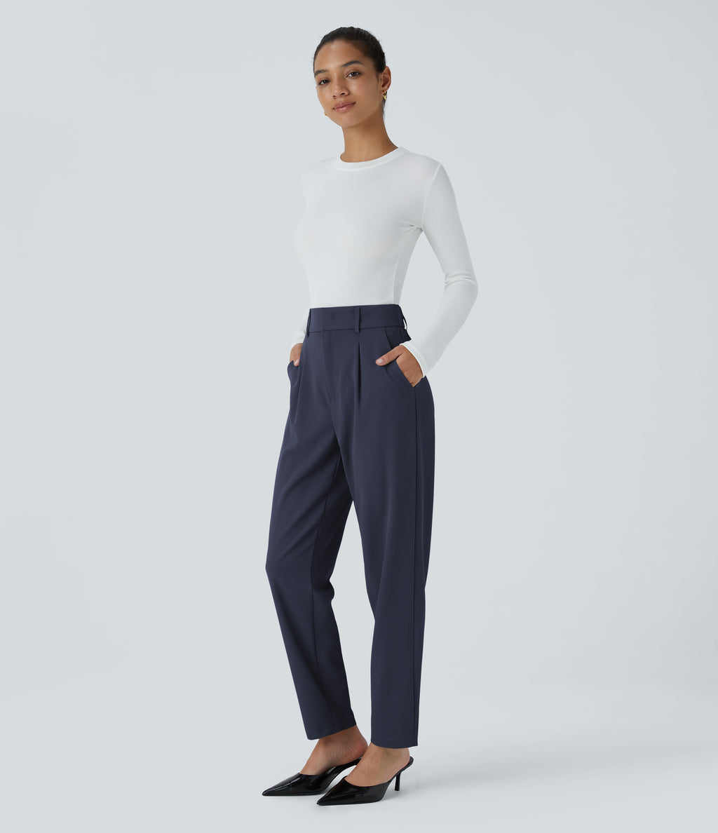 High Waisted Pocket Solid Work Tapered Trousers — Black Iris — view 6