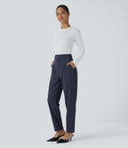 High Waisted Pocket Solid Work Tapered Trousers — Black Iris — view 6