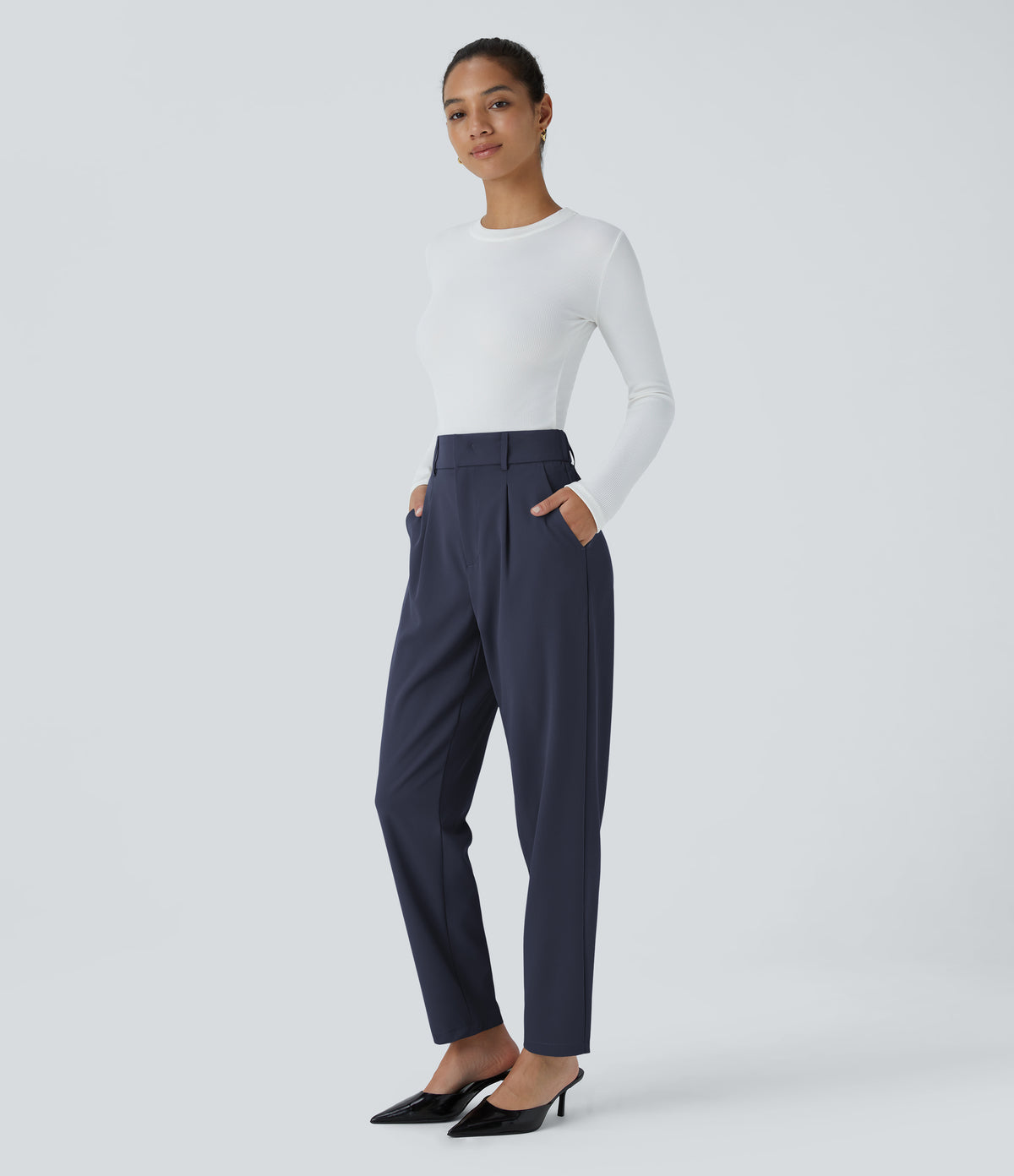 High Waisted Pocket Solid Work Tapered Trousers — Black Iris — view 6