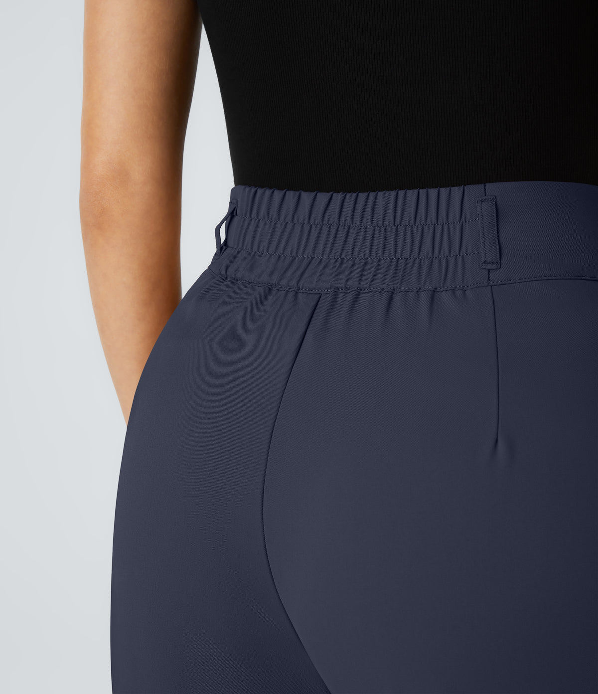 High Waisted Zipper Pocket Shirred Straight Leg Work Trousers — Black Iris — view 4