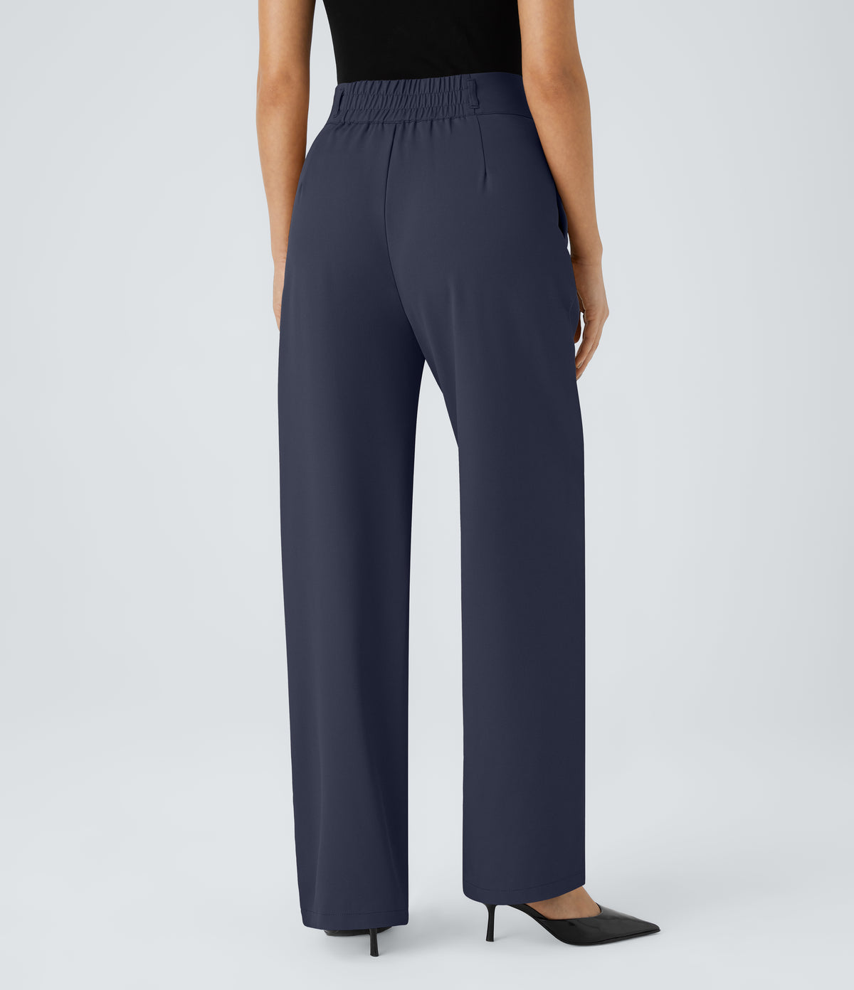 High Waisted Zipper Pocket Shirred Straight Leg Work Trousers — Black Iris — view 2