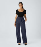 High Waisted Zipper Pocket Shirred Straight Leg Work Trousers — Black Iris — view 6