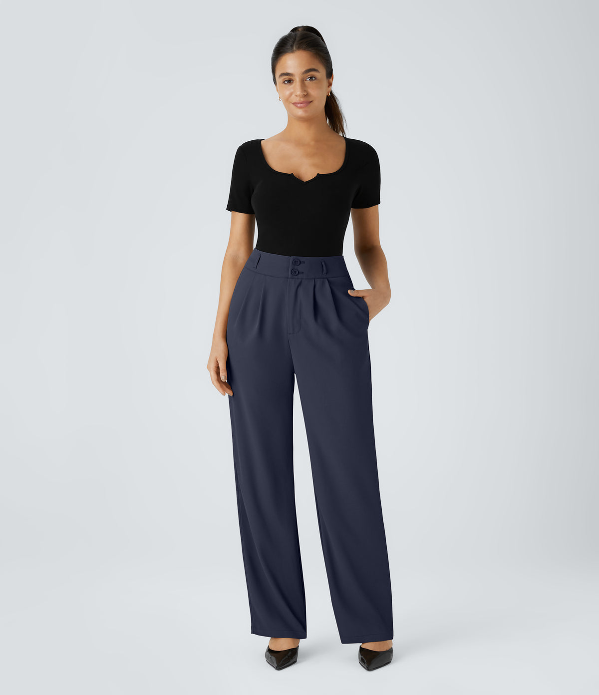 High Waisted Zipper Pocket Shirred Straight Leg Work Trousers — Black Iris — view 6