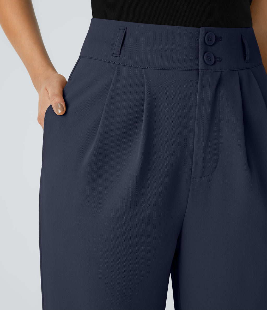 High Waisted Zipper Pocket Shirred Straight Leg Work Trousers — Black Iris — view 5