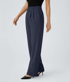High Waisted Zipper Pocket Shirred Straight Leg Work Trousers — Black Iris — view 3