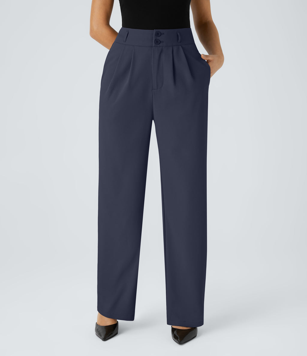 High Waisted Zipper Pocket Shirred Straight Leg Work Trousers — Black Iris — view 1