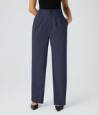 High Waisted Zipper Pocket Shirred Straight Leg Work Trousers — Black Iris — view 1