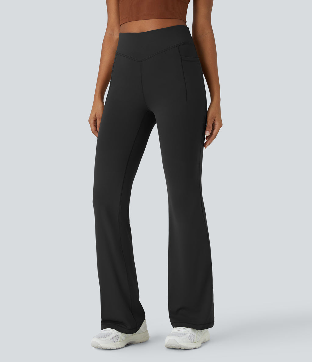 Mid Rise Tummy Control Pocket Running Full Length Flared Leggings — Black — view 6