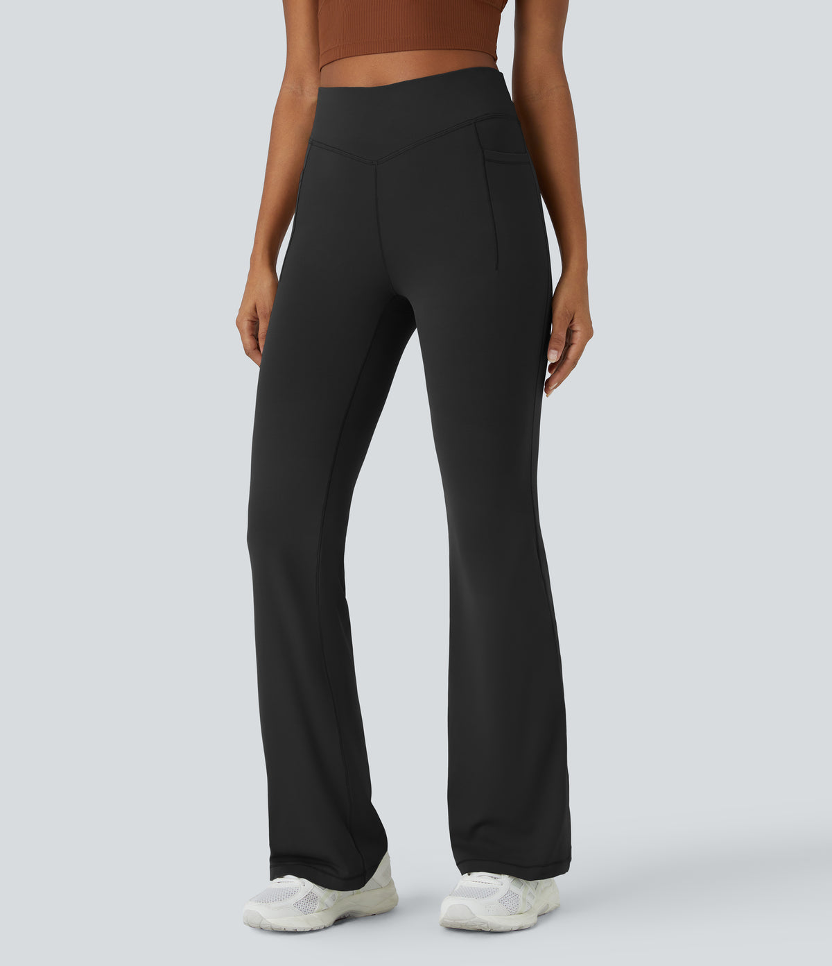 Mid Rise Tummy Control Pocket Running Full Length Flared Leggings — Black — view 6