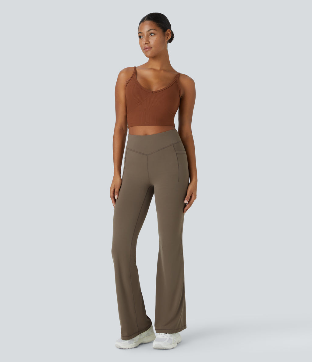 Mid Rise Tummy Control Pocket Running Full Length Flared Leggings — Dawn Brown — view 5