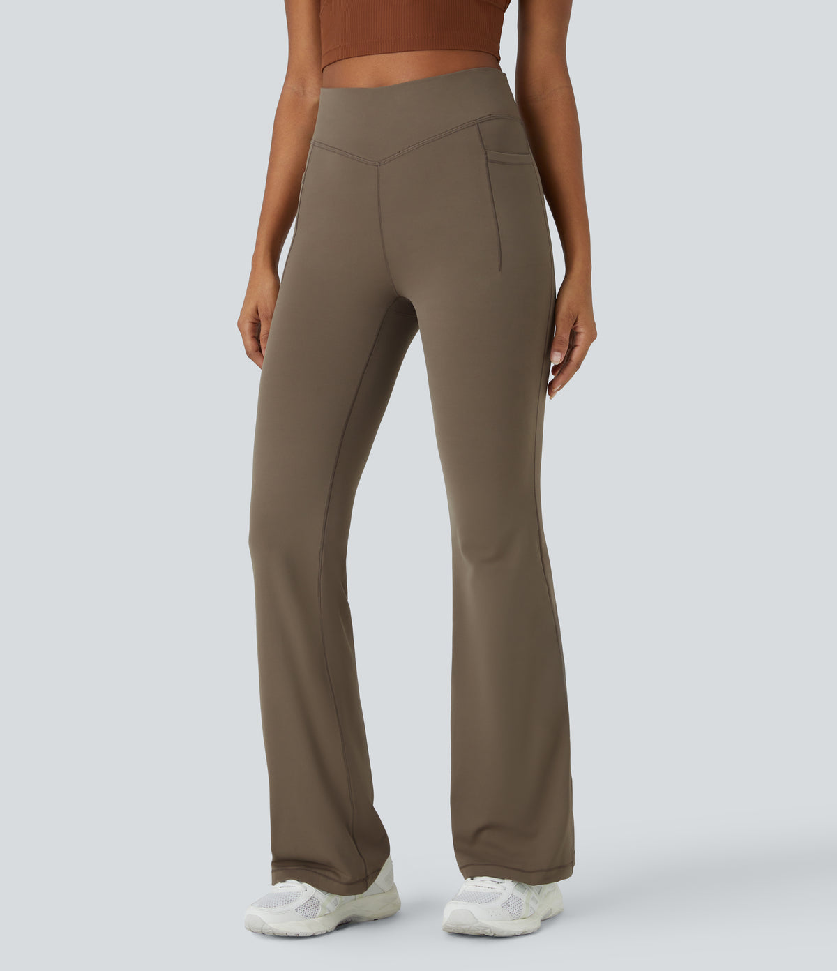 Mid Rise Tummy Control Pocket Running Full Length Flared Leggings — Dawn Brown — view 3
