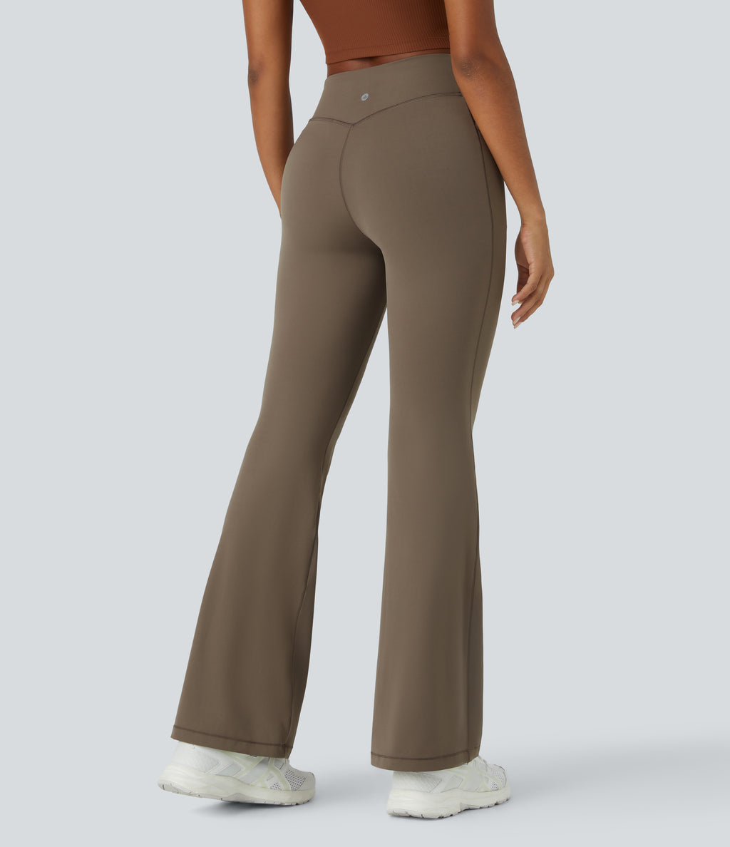 Mid Rise Tummy Control Pocket Running Full Length Flared Leggings — Dawn Brown — view 2