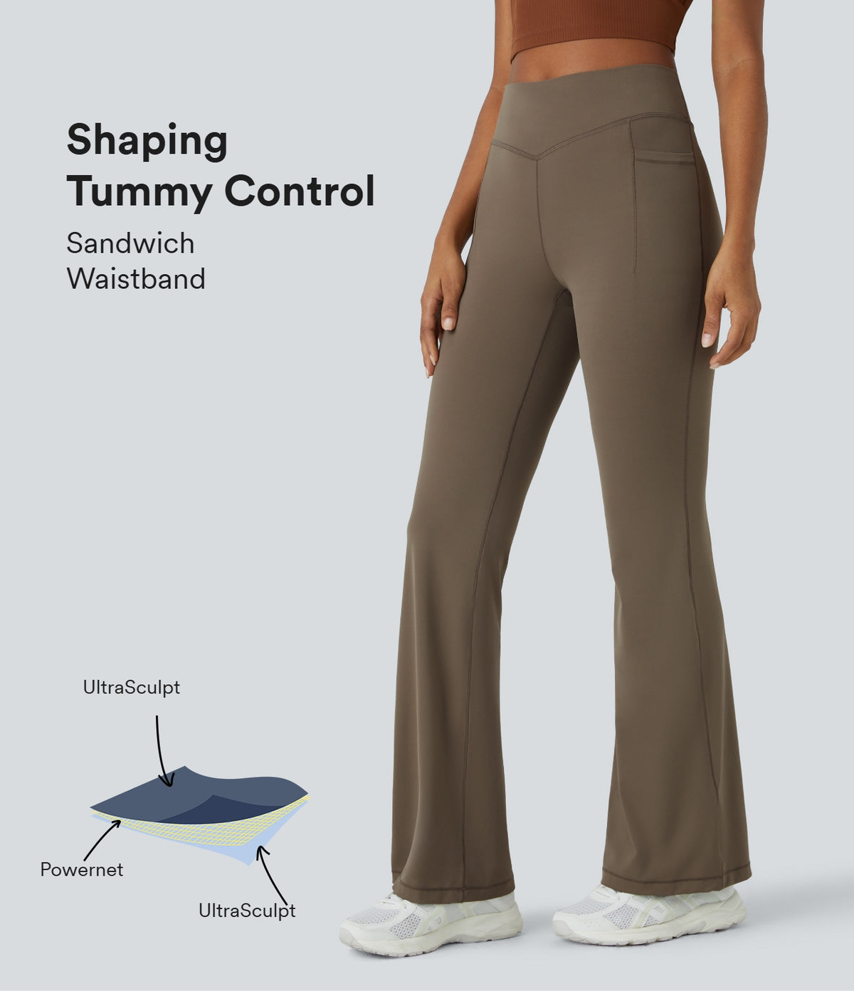 Mid Rise Tummy Control Pocket Running Full Length Flared Leggings — Dawn Brown — view 1