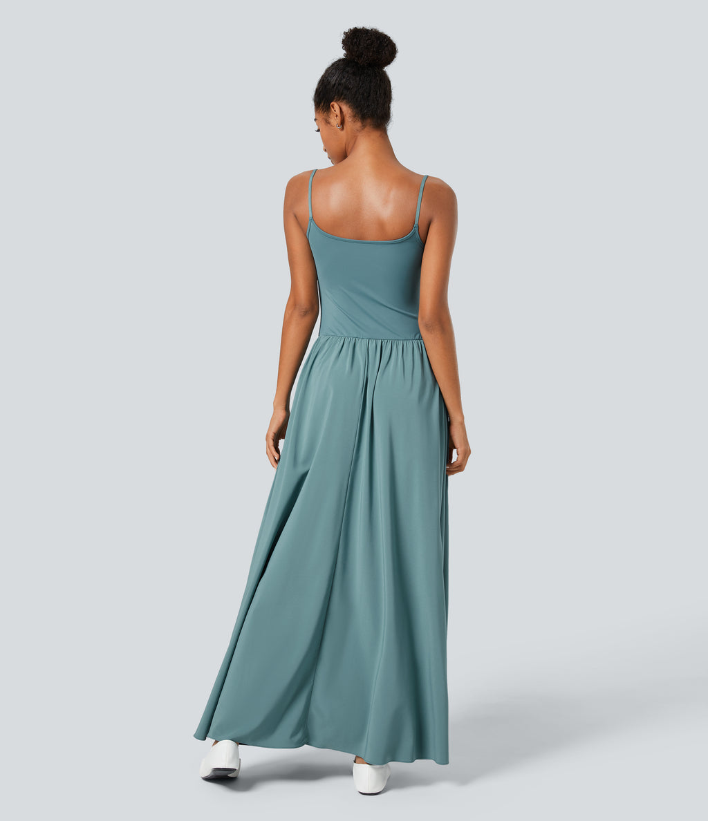Backless Side Pocket Flowy Flare Maxi Quick Dry Casual Slip Dress — Stone Blue — view 2