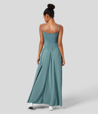 Backless Side Pocket Flowy Flare Maxi Quick Dry Casual Slip Dress — Stone Blue — view 8