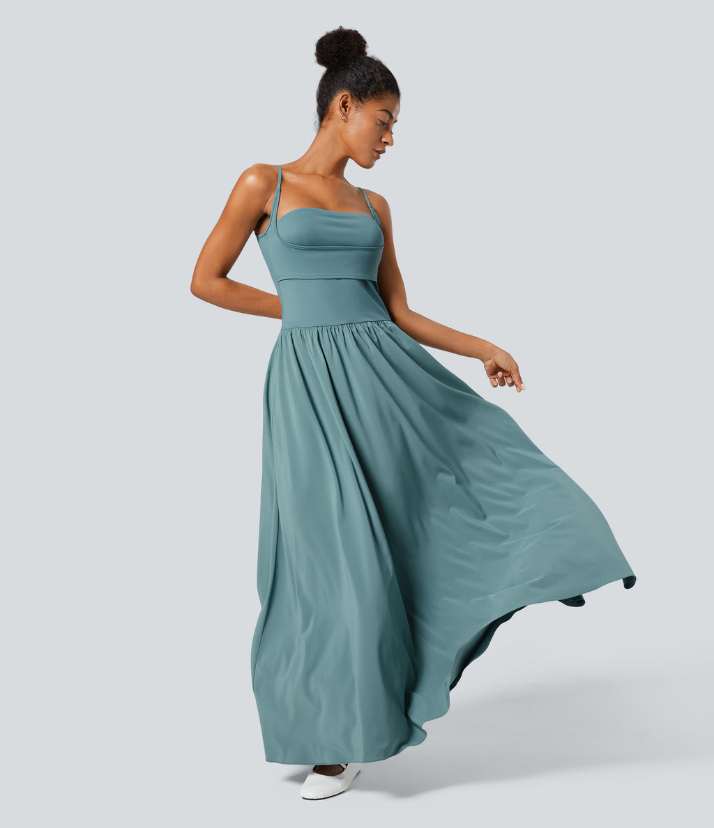 Backless Side Pocket Flowy Flare Maxi Quick Dry Casual Slip Dress — Stone Blue — view 1