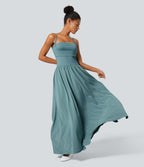 Backless Side Pocket Flowy Flare Maxi Quick Dry Casual Slip Dress — Stone Blue — view 1
