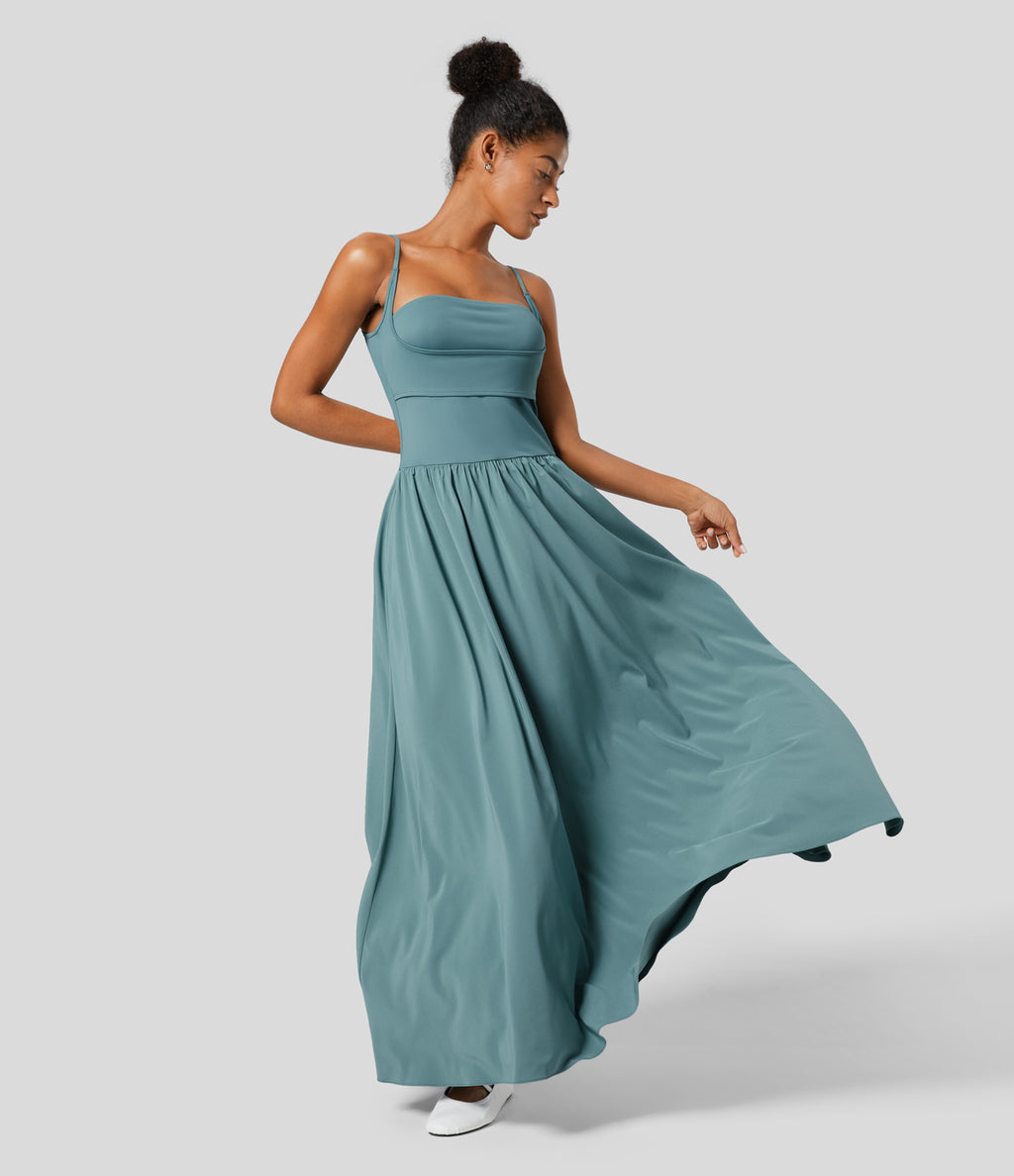 Backless Side Pocket Flowy Flare Maxi Quick Dry Casual Slip Dress — Stone Blue — view 7