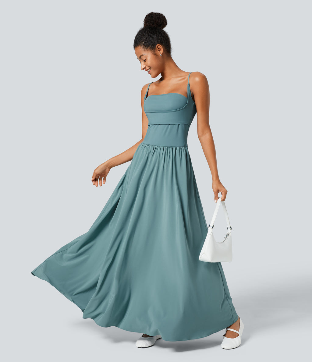 Backless Side Pocket Flowy Flare Maxi Quick Dry Casual Slip Dress — Stone Blue — view 6