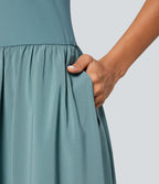 Backless Side Pocket Flowy Flare Maxi Quick Dry Casual Slip Dress — Stone Blue — view 5