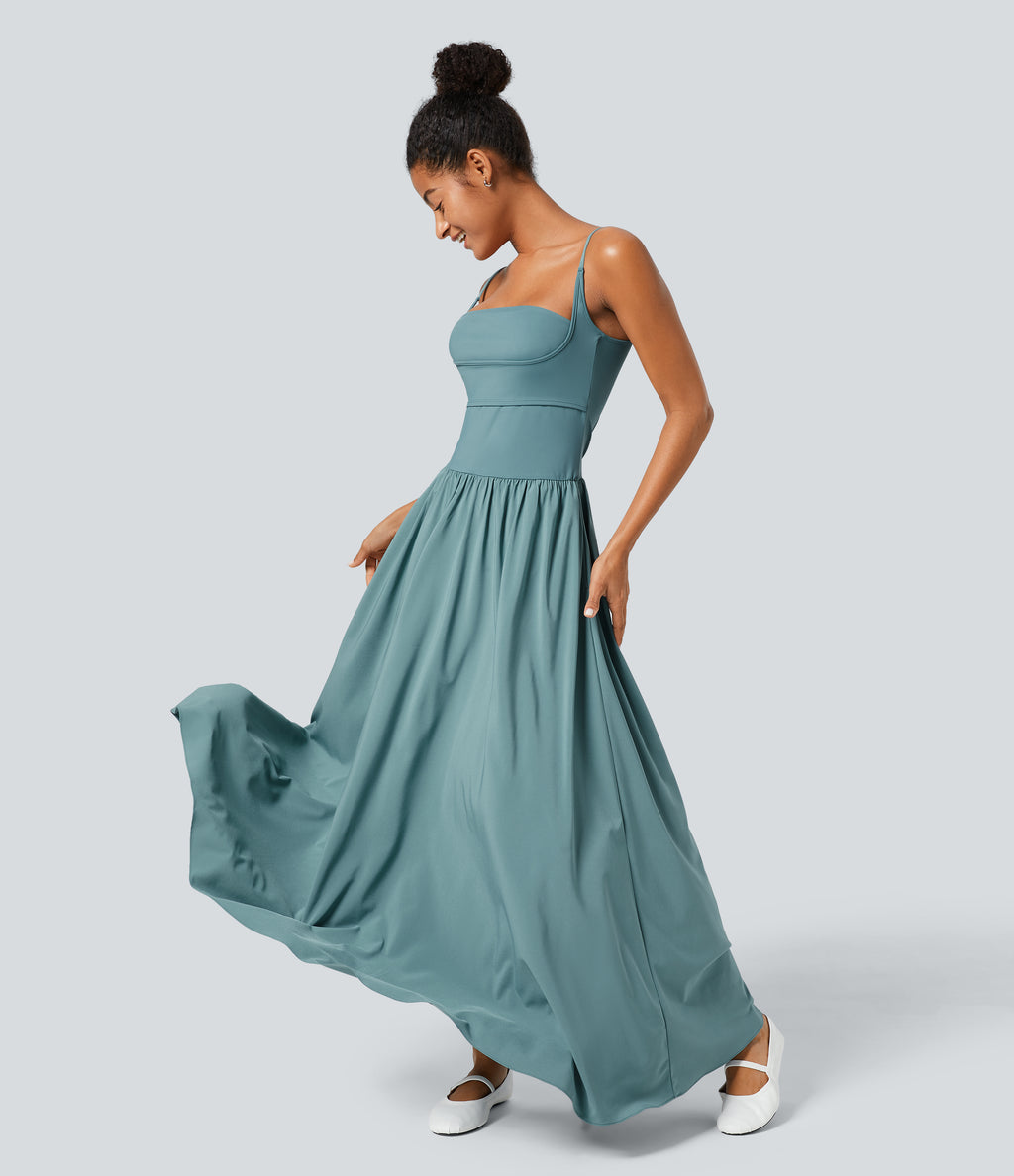 Backless Side Pocket Flowy Flare Maxi Quick Dry Casual Slip Dress — Stone Blue — view 3