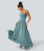 Backless Side Pocket Flowy Flare Maxi Quick Dry Casual Slip Dress — Stone Blue — view 3