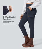 High Waisted Zipper Pockets Solid Skinny Hiking Cargo Trousers — Midnight Blue — view 1