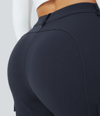 High Waisted Zipper Pockets Solid Skinny Hiking Cargo Trousers — Midnight Blue — view 7
