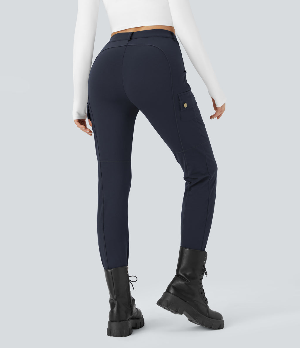 High Waisted Zipper Pockets Solid Skinny Hiking Cargo Trousers — Midnight Blue — view 2