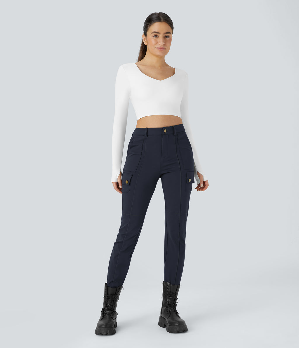 High Waisted Zipper Pockets Solid Skinny Hiking Cargo Trousers — Midnight Blue — view 3