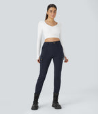 High Waisted Zipper Pockets Solid Skinny Hiking Cargo Trousers — Midnight Blue — view 3