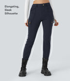High Waisted Zipper Pockets Solid Skinny Hiking Cargo Trousers — Midnight Blue — view 5