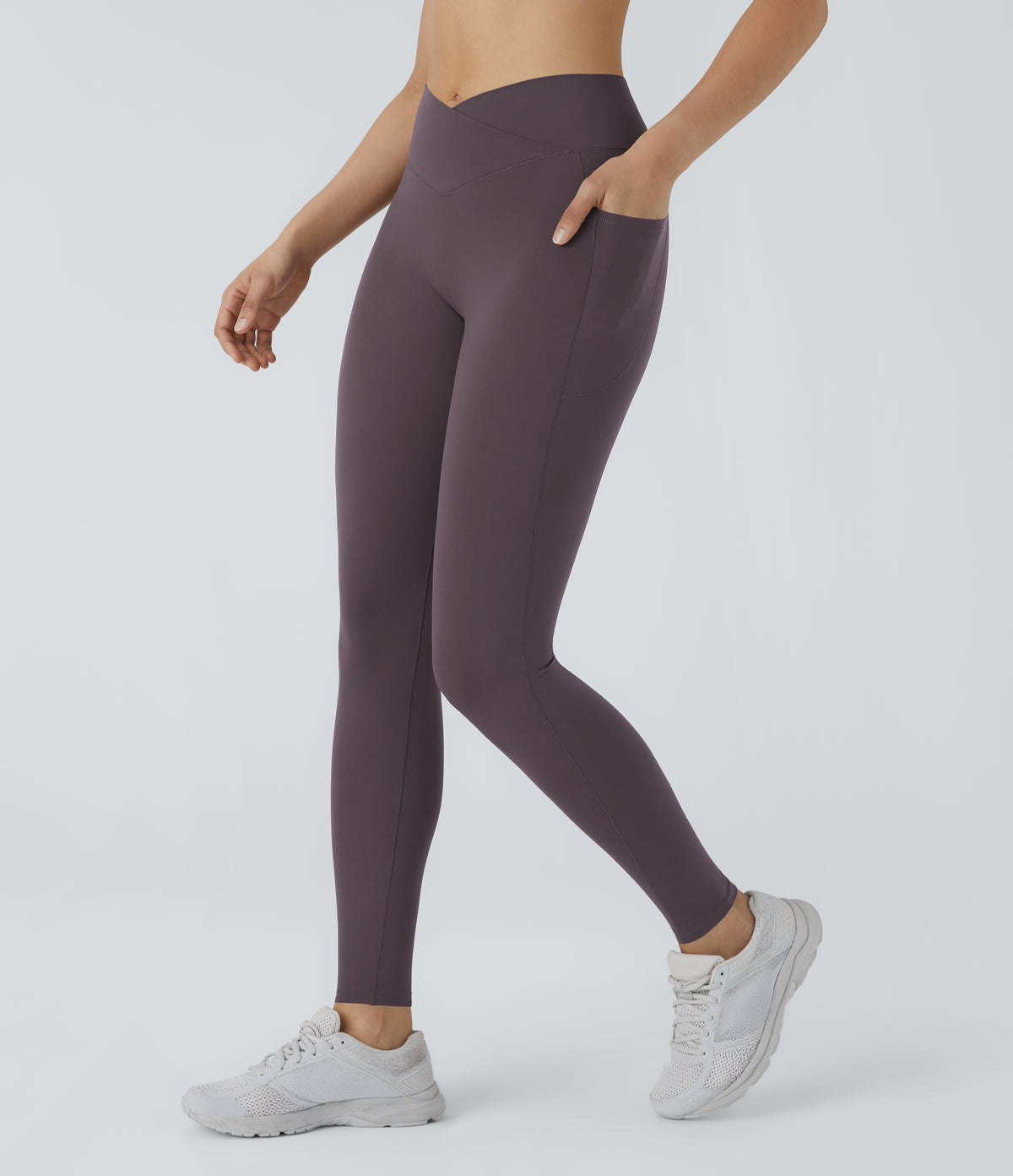 2.0 Pet Hair Resistant High Waisted Crossover Side Pocket Yoga Leggings — Light Gray Plum Purple — view 13