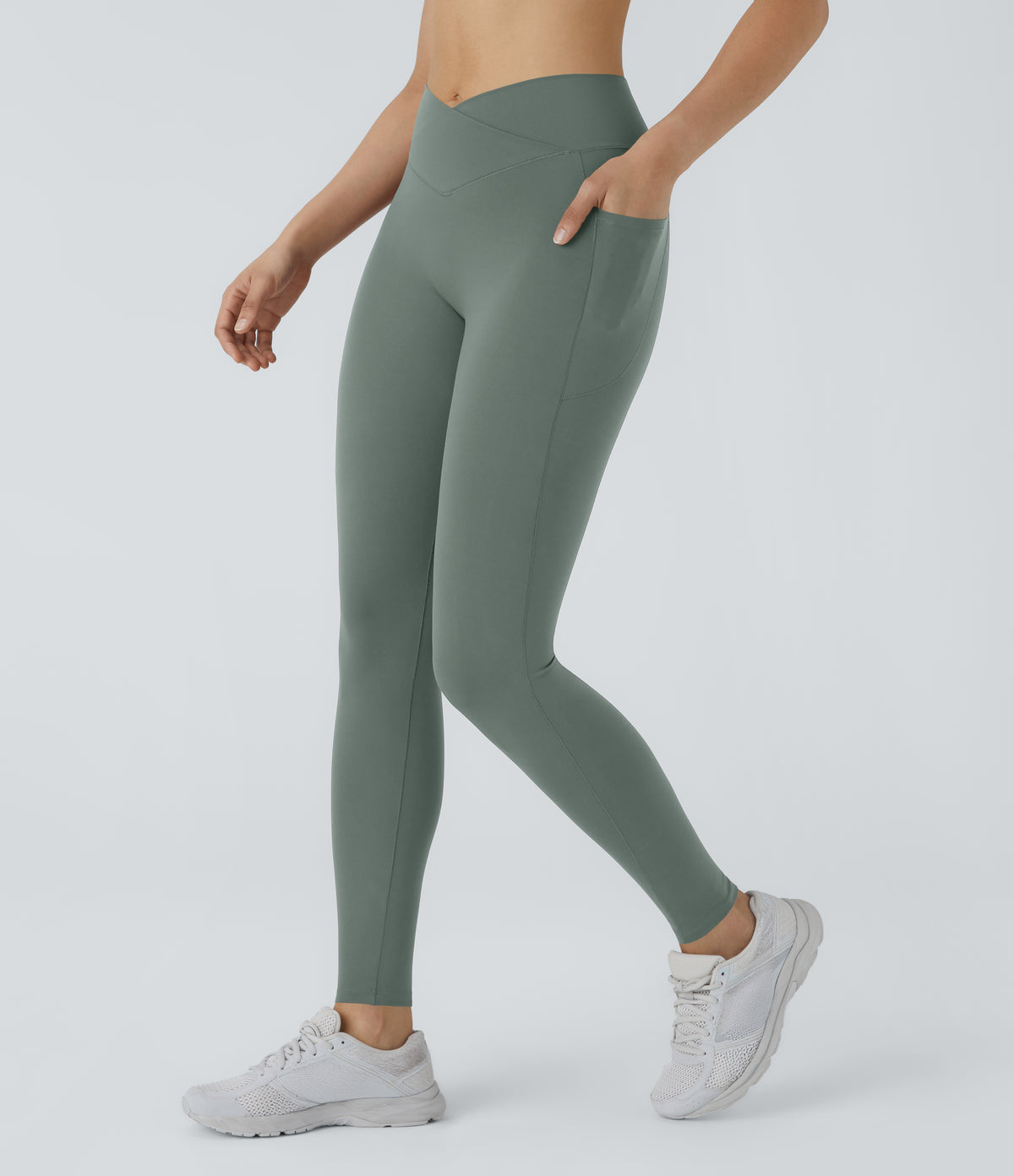 2.0 Pet Hair Resistant High Waisted Crossover Side Pocket Yoga Leggings — Washington Gray Green — view 12