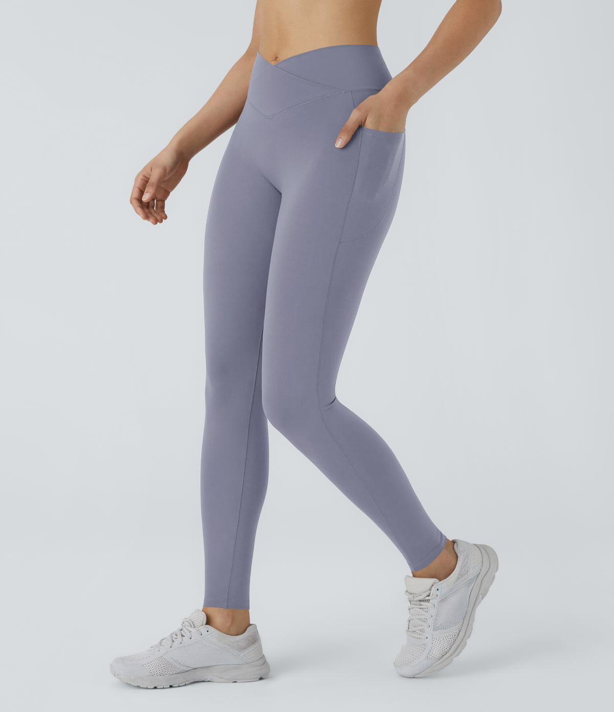 2.0 Pet Hair Resistant High Waisted Crossover Side Pocket Yoga Leggings — Smoke Purple Blue — view 14