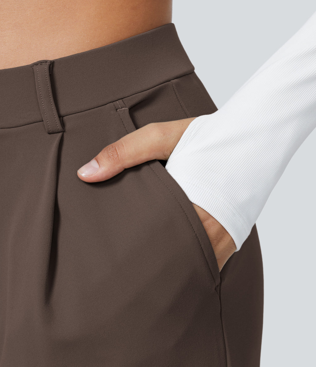 High Waisted Pocket Straight Leg Work Trousers — Chocolate Martini — view 5