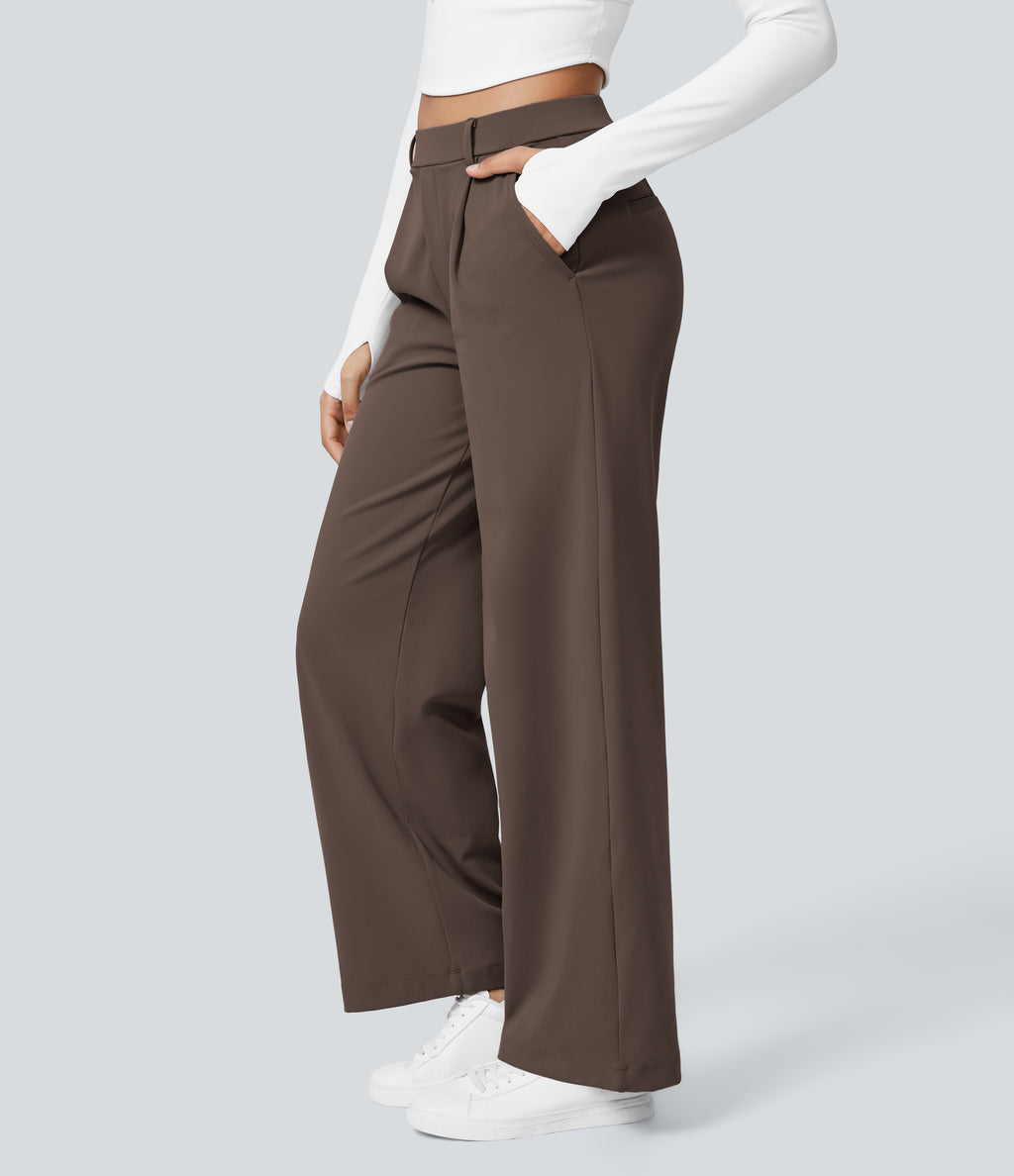 High Waisted Pocket Straight Leg Work Trousers — Chocolate Martini — view 3