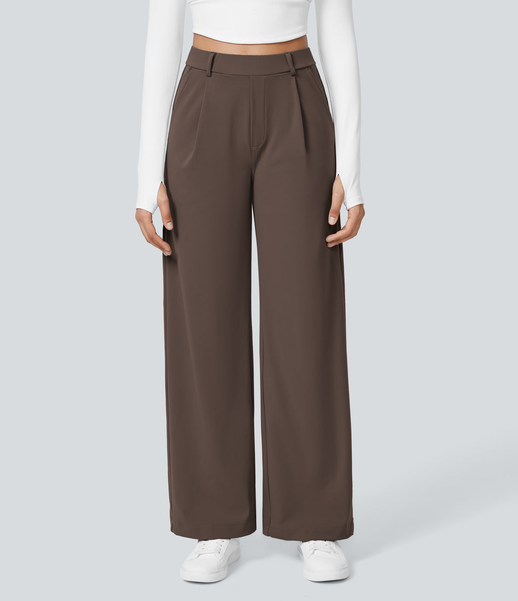High Waisted Pocket Straight Leg Work Trousers — Chocolate Martini — view 2