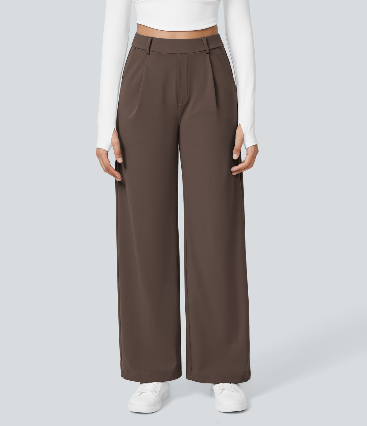 High Waisted Pocket Straight Leg Work Trousers — Chocolate Martini — view 2