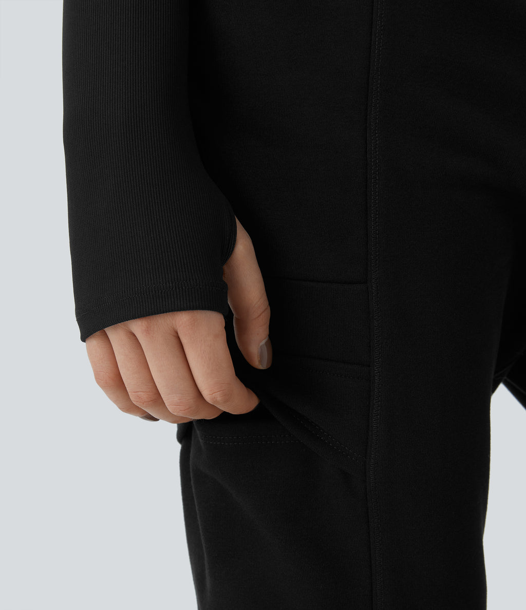 High Waisted Foldover Side Pocket Harem Fleece Casual Cargo Joggers — Black — view 5